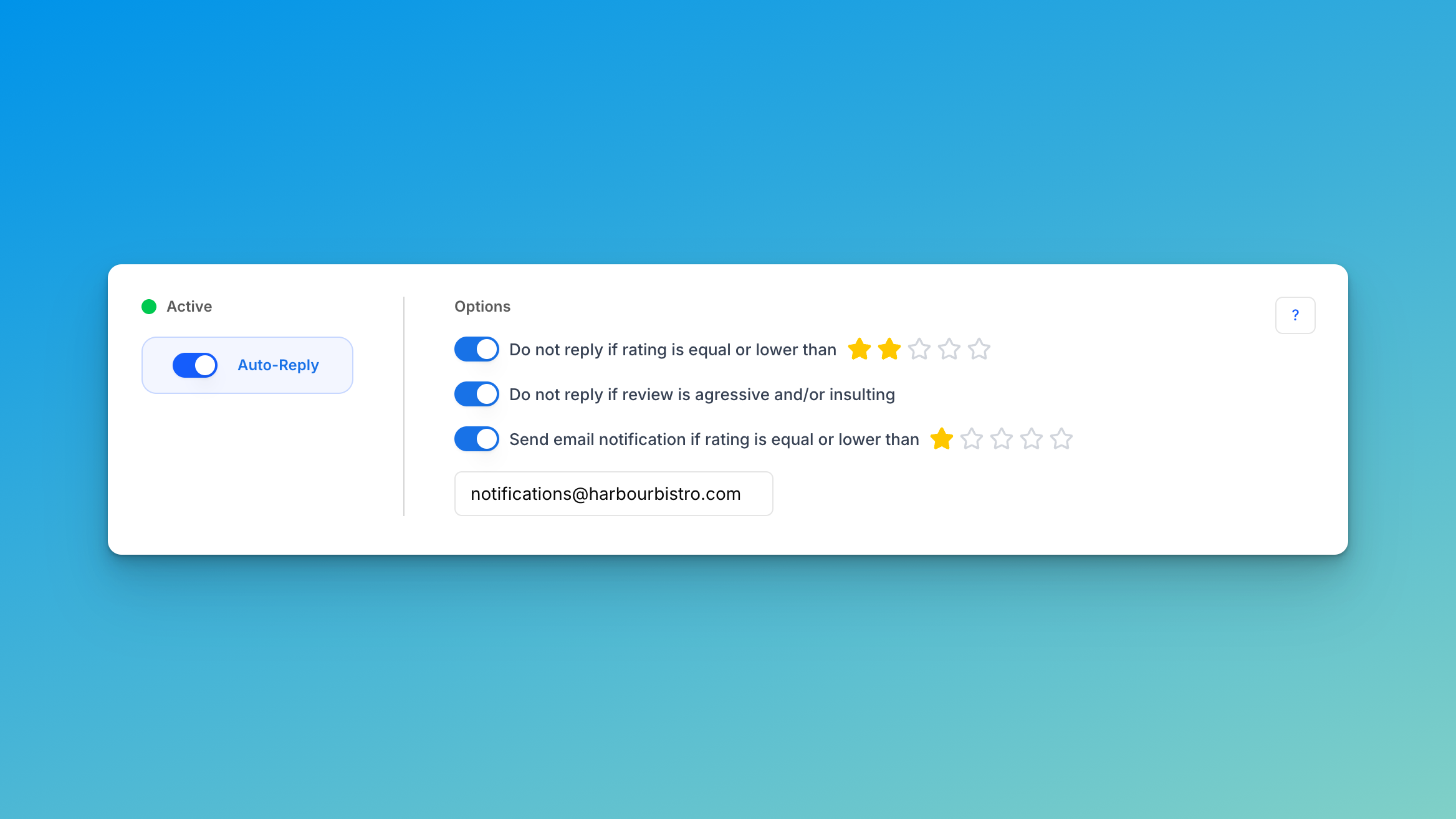 FullReviews auto-reply settings, with a rating threshold, aggressive-language protection, and a notification rule.
